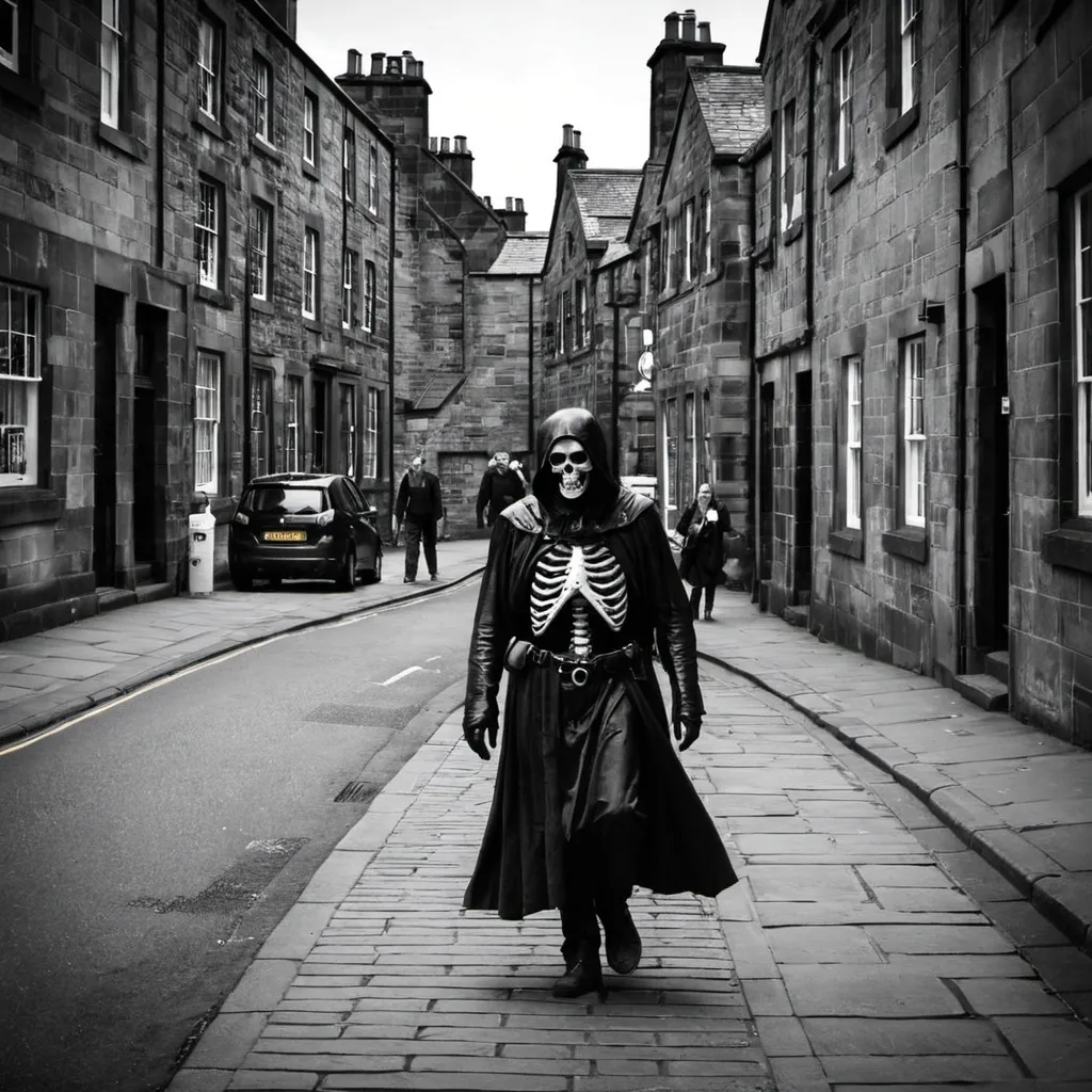 Prompt: death walking the streets of edinburgh scotland
