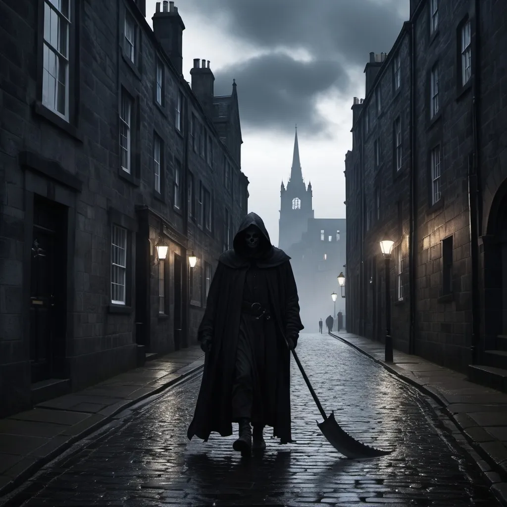 Prompt: death walking the streets of edinburgh scotland
