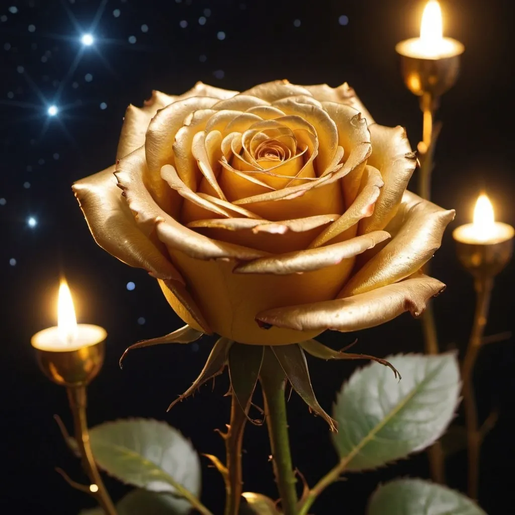 Prompt: In background we have universe and on top we have single golden Rose which is glowing