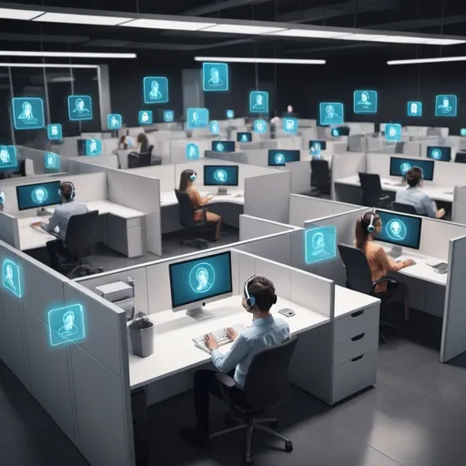 Prompt: Create a conceptual image of inbound call center agents working in cubicles being support by an AI personal assistant on their screen. 