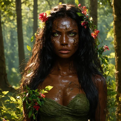 Prompt: A woman with dark skin resembling bark. Long black hair with flowers and leaves. Green fierce eyes. Markings that resemble scars on her body. She is wearing vines with flowers and leaves like she is a part of nature itself.