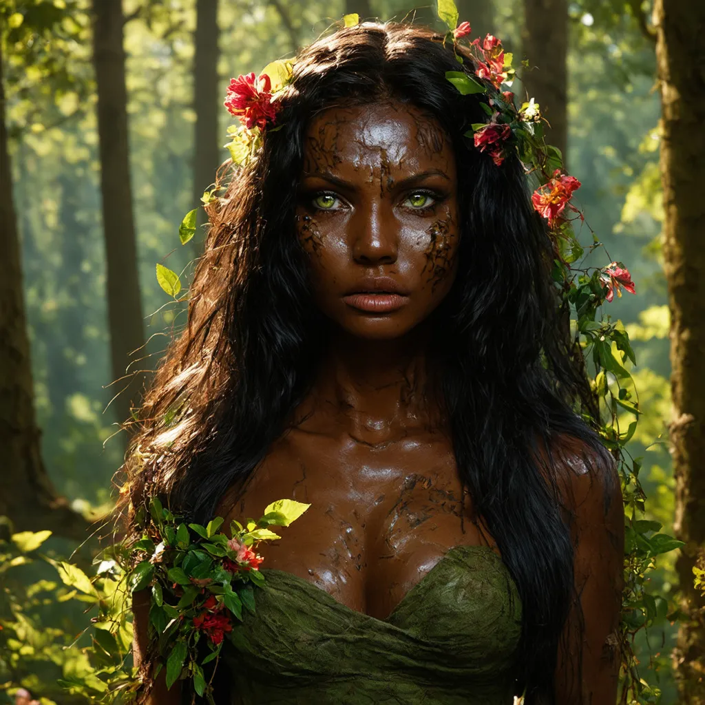 Prompt: A woman with dark skin resembling bark. Long black hair with flowers and leaves. Green fierce eyes. Markings that resemble scars on her body. She is wearing vines with flowers and leaves like she is a part of nature itself.