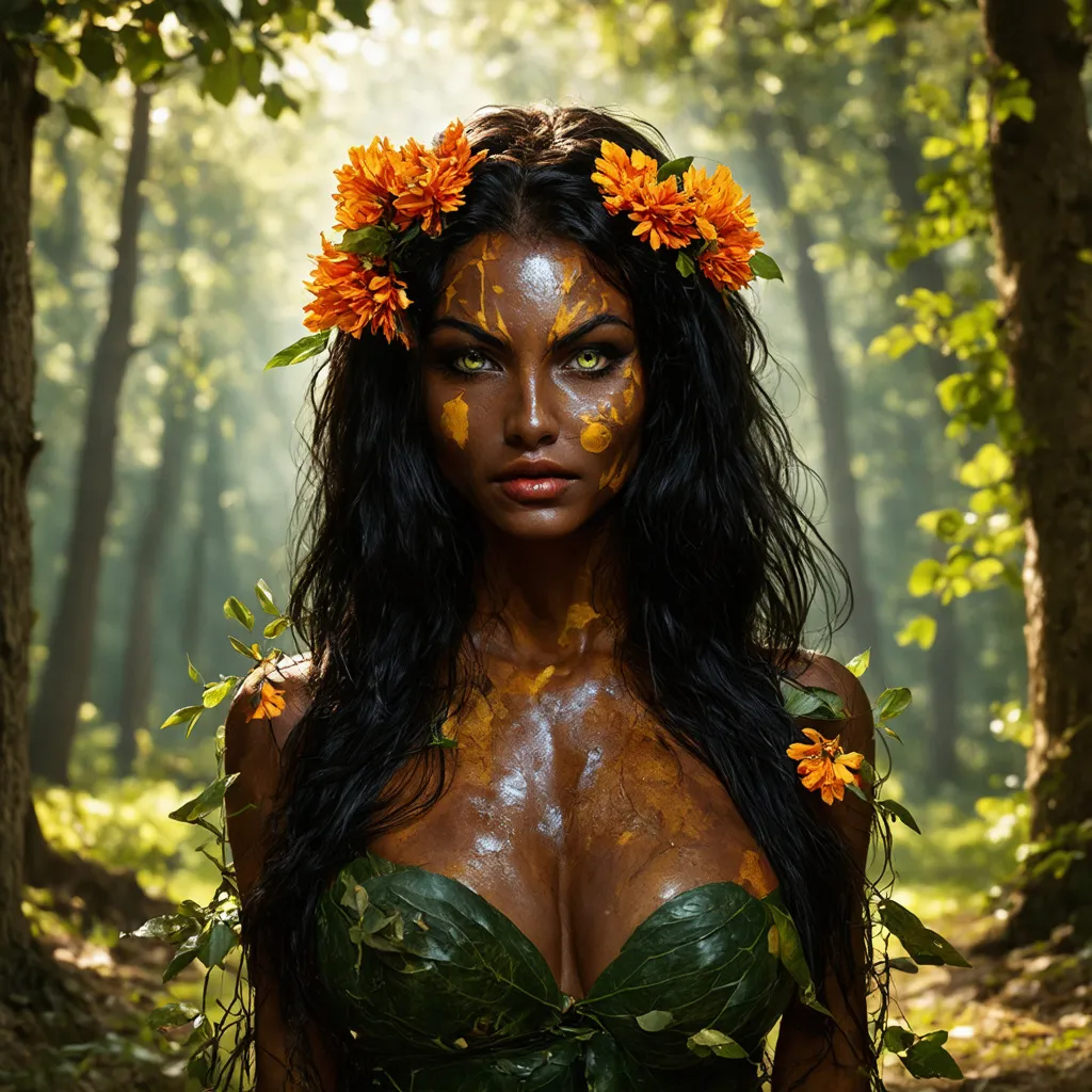 Prompt: A woman with dark skin resembling bark. Long black hair with flowers and leaves. Green fierce eyes. Markings that resemble scars on her body. She is wearing vines with flowers and leaves like she is a part of nature itself.