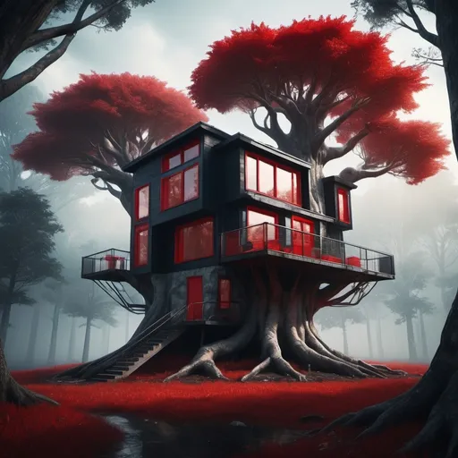 Prompt: A house is build on a trees. It’s black with large Windows, the frame of the Windows are red. The tree is Big