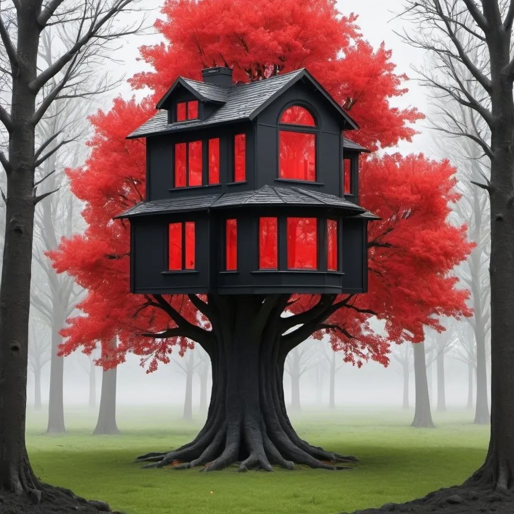 Prompt: A house is build on a trees. It’s black with large Windows, the frame of the Windows are red. The tree is Big