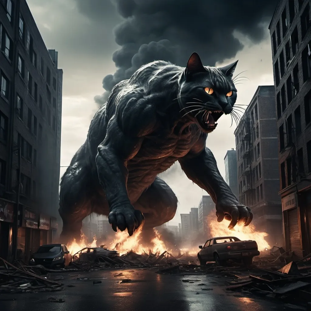 Prompt: A monster attacks the city with no face a cat is wacthing