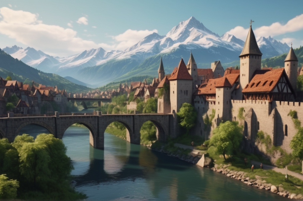 Prompt: Une très grande ville du Moyen Âge sous un ciel d'été enjambant un fleuve avec un pont dans un style cinématique et une montagne enneigée très loin en arrière-plan