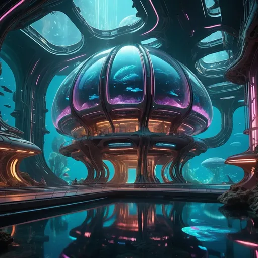 Prompt: (underwater sci-fi complex), highly futuristic organic architecture, intricate designs, luminous neon lights, holographic interfaces, stark contrasts of dark and light, ultra-detailed machinery, complex spaces, expansive galaxies in the background, high-tech visuals, elegant and sprawling structures, mysterious atmosphere, captivating and imaginative, cinematic depth, vibrant technological hues, 4K resolution, ethereal ambiance.