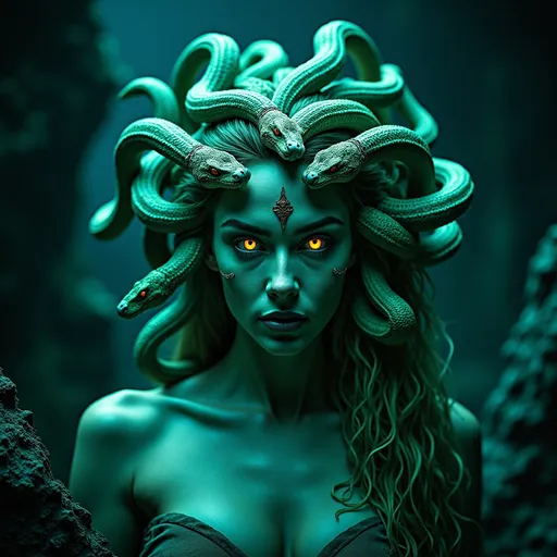 Prompt: (Woman), Medusa lurking, surrounded by (dark cavern) shadows, ominous rock formations, eerie glow from bioluminescent crystal deposits, expressing a mix of majesty and danger, vividly detailed serpents with glowing eyes,entwined in hair, vibrant green and deep blue colors, (atmosphere of mystery and intrigue), high-quality 4K, ultra-detailed.