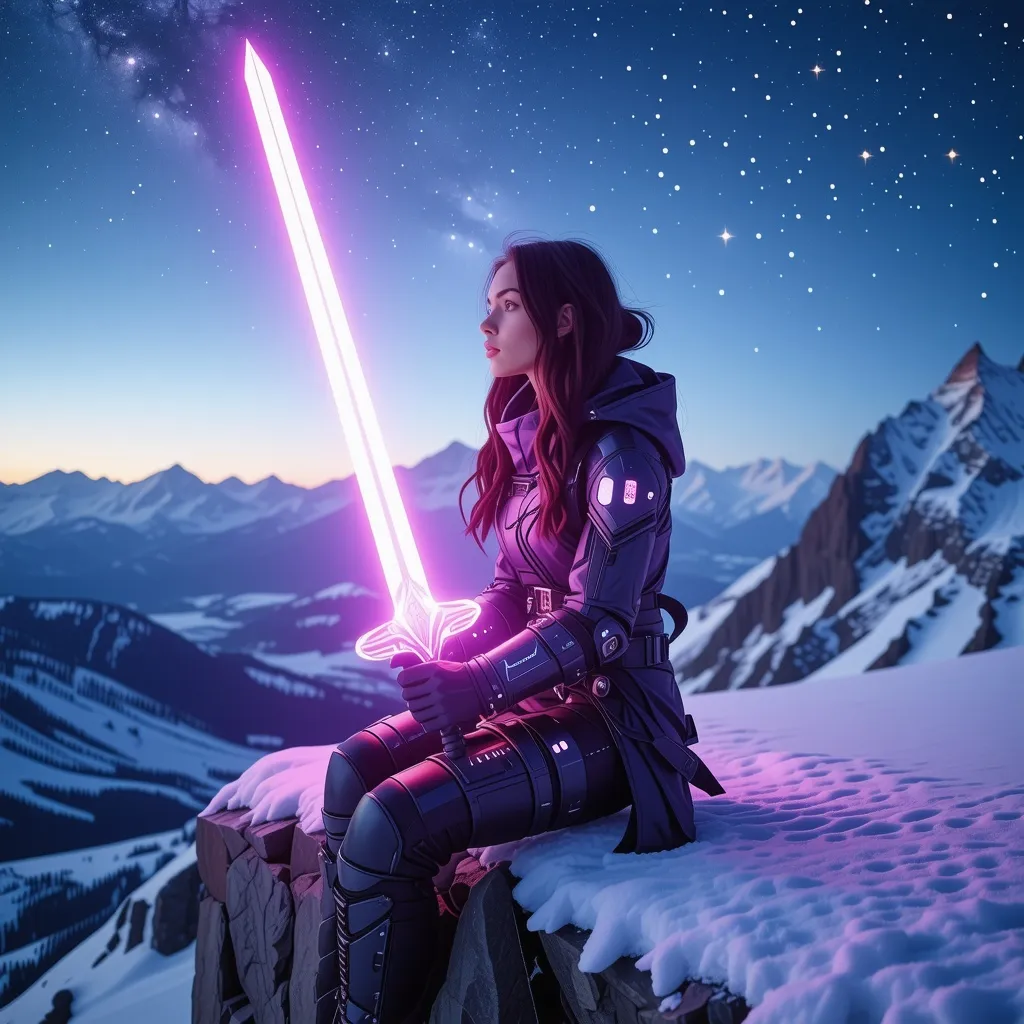 Prompt: (ultra-detailed) woman in (futuristic SCI-FI attire), seated on a (snow-covered cliff), gripping a (gleaming sword), gazing at a breathtaking star-filled sky, cool tones, a serene and mystical atmosphere, twinkling stars reflecting off the snowy surface, soft ethereal lighting illuminating her features, vast mountainous landscape in the background, (high quality 4K).