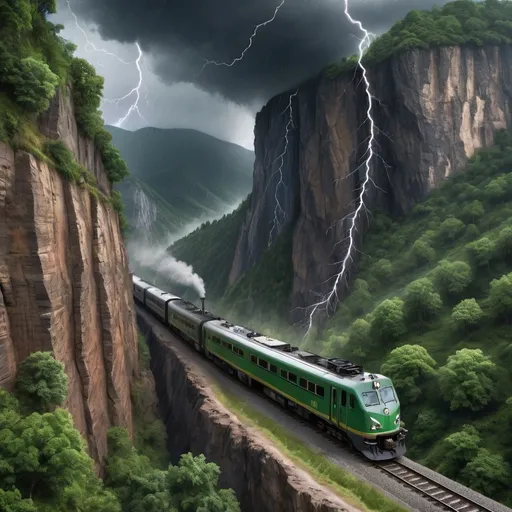 Prompt: I photorealistic image of a train going around a very steep cliff. It's dangerous and scary looking. It's raining and lightning over the mountains with green trees