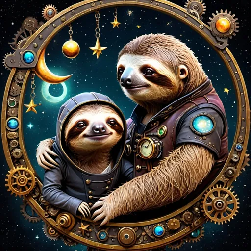 Prompt: Realistic style, colorful, steampunk, Victorian, sloth with my on a half moon with colorful planets and stars in background,, highly detailed, HD, dark background