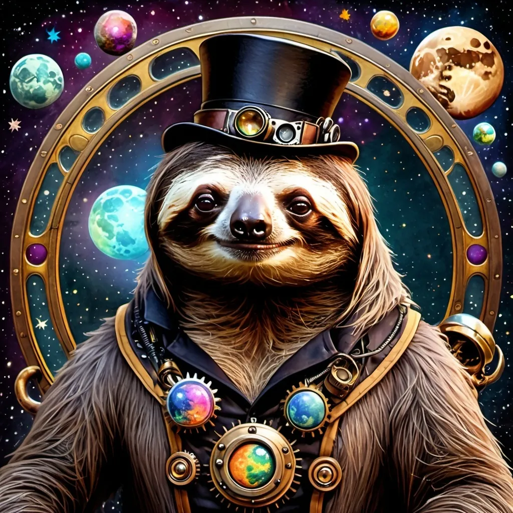 Prompt: Realistic style, colorful, steampunk, Victorian, sloth with my on a half moon with colorful planets and stars in background,, highly detailed, HD, dark background