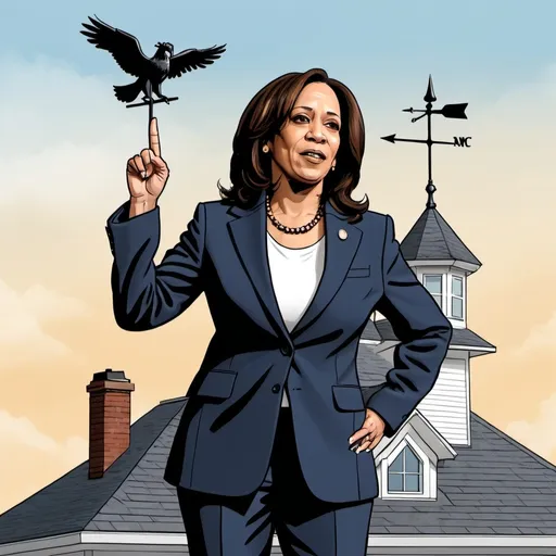 Prompt: Kamala Harris standing on a roof that has a weather vane.  Kamala has her index finger pointing up. Illustration 