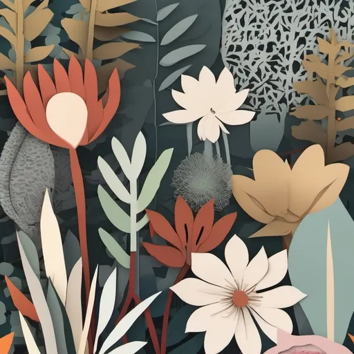 Prompt: Create a botanical print featuring intricate cutouts of various plants and flowers. The design should have a three-dimensional effect with layered elements. Use a combination of traditional botanical illustrations and modern abstract shapes. Incorporate a mix of vibrant and muted colors to enhance the depth and texture of the artwork