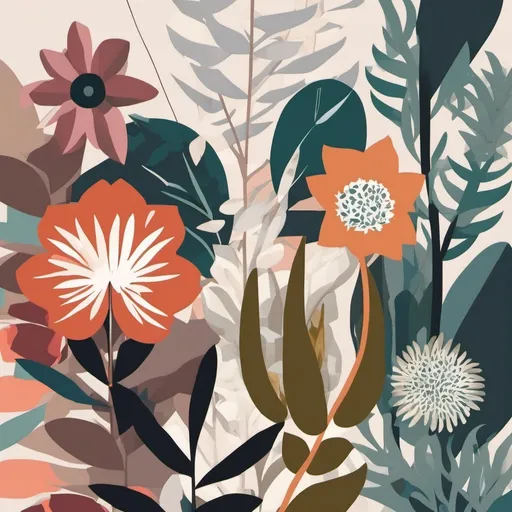 Prompt: Create a botanical print featuring intricate cutouts of various plants and flowers. The design should have a three-dimensional effect with layered elements. Use a combination of traditional botanical illustrations and modern abstract shapes. Incorporate a mix of vibrant and muted colors to enhance the depth and texture of the artwork