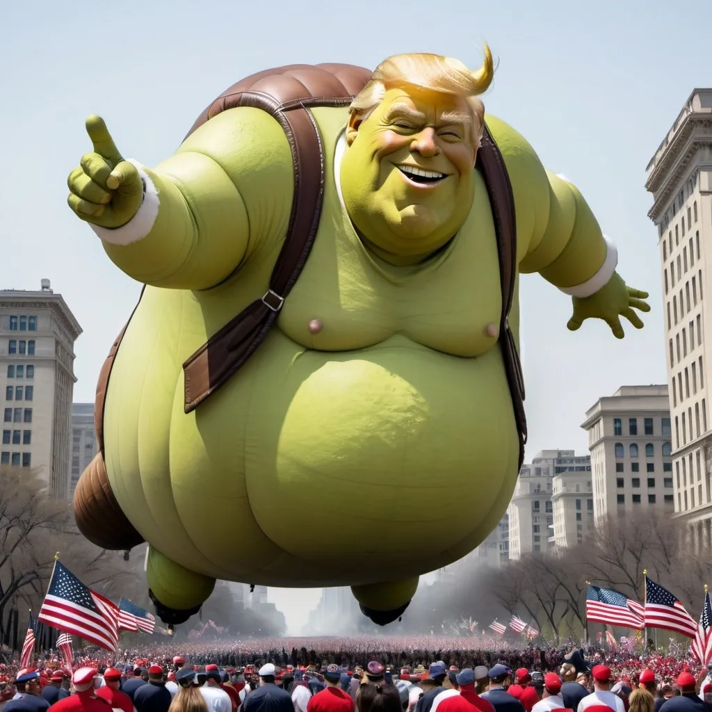 Prompt: Donald Trump parade blimp Shrek style
