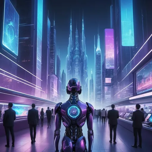 Prompt: AI technology depicted in 2045, ultra-modern cityscape in the background, sleek holographic displays, futuristic robots interacting with humans, ambient neon lighting in blue and purple tones, high-tech atmosphere, ultra-detailed 4K, innovative and advanced technology showcased, bustling and vibrant urban life, photorealistic, cutting-edge architecture, cool tone colors, sense of awe and endless possibilities, trendsetting, state-of-the-art devices and gadgets, seamless integration of AI in daily life, award-winning concept.