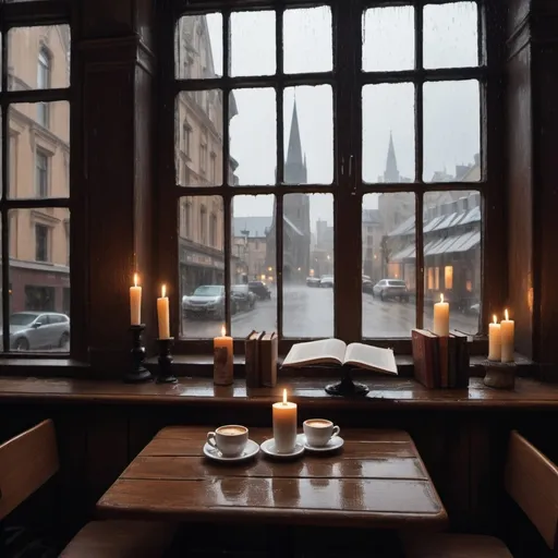 Prompt: There is a table in a cafe. The table is next to the window. Other buildings are visible from the window. These buildings are gothic style. It's raining outside. There is coffee and candles on the table and there are books.