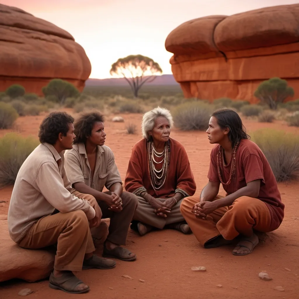 Prompt: A family of Australian Aboriginals in the Western Desert region of South Australia sitting around and talking. 