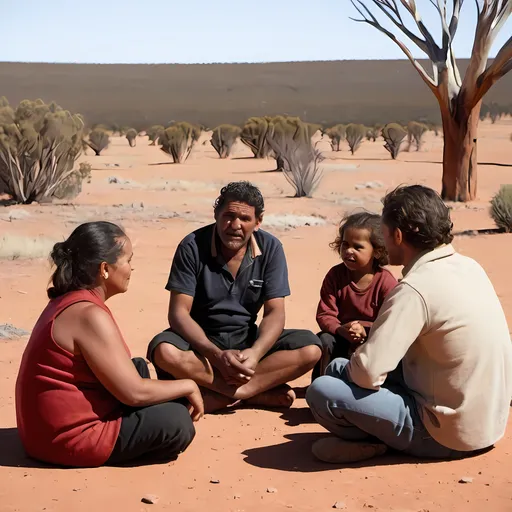 Prompt: A family of Australian Aboriginals in the Western Desert region of South Australia sitting around and talking. 