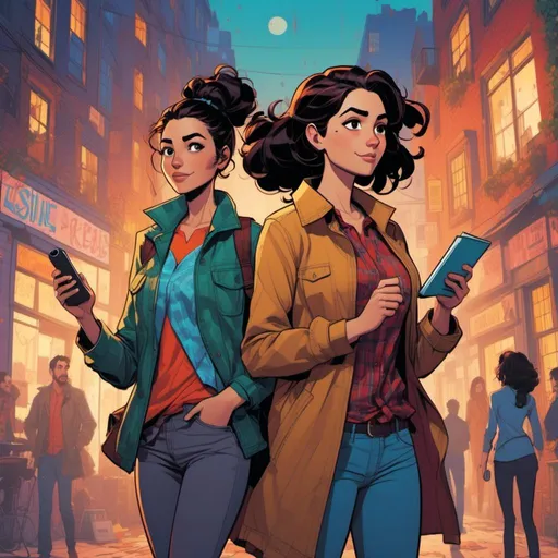 Prompt: <mymodel> "A vibrant, colorful cover featuring Detective Peri, a clever Hispanic female detective around 30 years old, with dark brown hair in a neat bun, with a warm smile, holding a magnifying glass. She stands confidently next to her mixed-race female sidekick, TáNeal, around 20 years old, with curly black hair, who is holding a big, colorful chart. They are both in front of their bright red detective car, ready for an adventure. In the background, a bustling town can be seen with happy, relieved people waving at them. The title of the book, 'Detective Peri and the Magic of Peritoneal Dialysis,' is prominently displayed at the top in playful, bold letters. At the bottom, a cheerful black boy named Max, 10 years old, is shown."