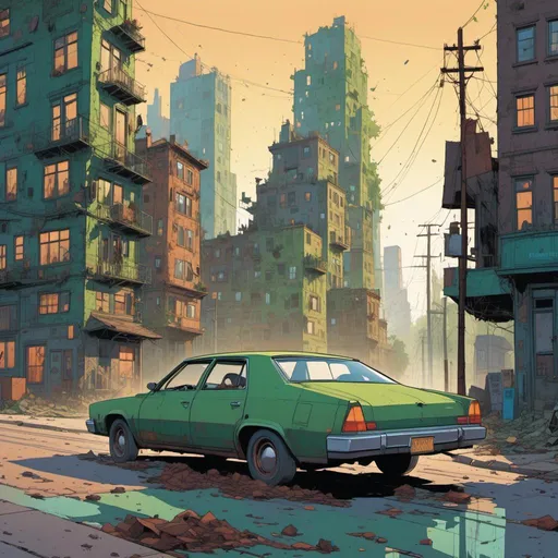 Prompt: <mymodel> (city background) older green car with dirt and rust zooming down the road