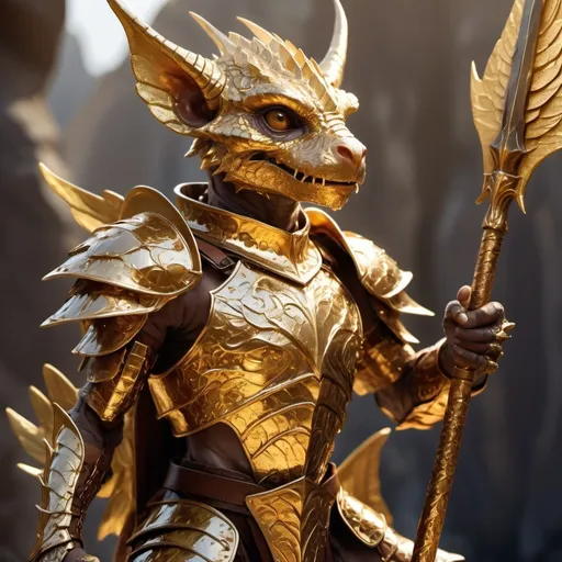 Prompt: An adult golden Kobold with a pair of wings armed with a halberd wearing leather armor