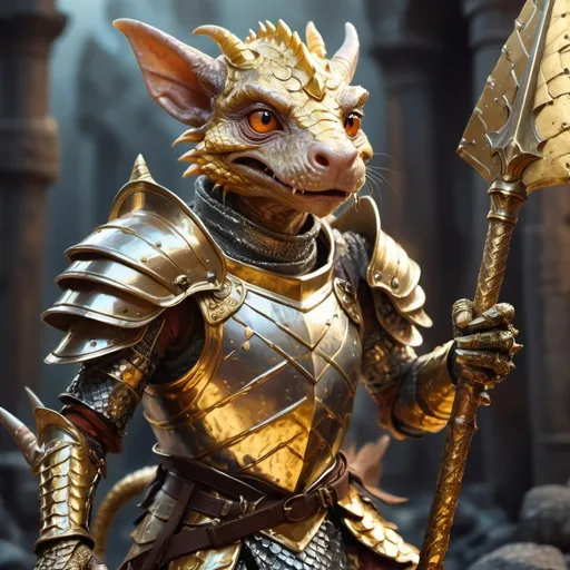 Prompt: A golden adult Kobold wearing gold and silver scale armor wielding a spear