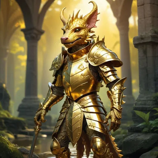 Prompt: A golden adult Kobold wearing armor 