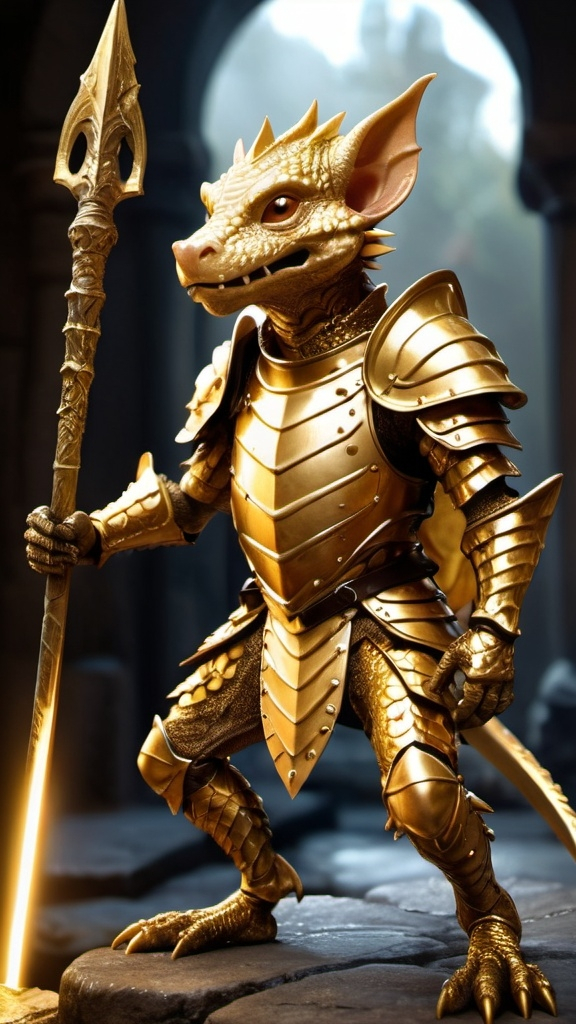 Prompt: A golden adult Kobold wearing gold and silver scale armor wielding a spear