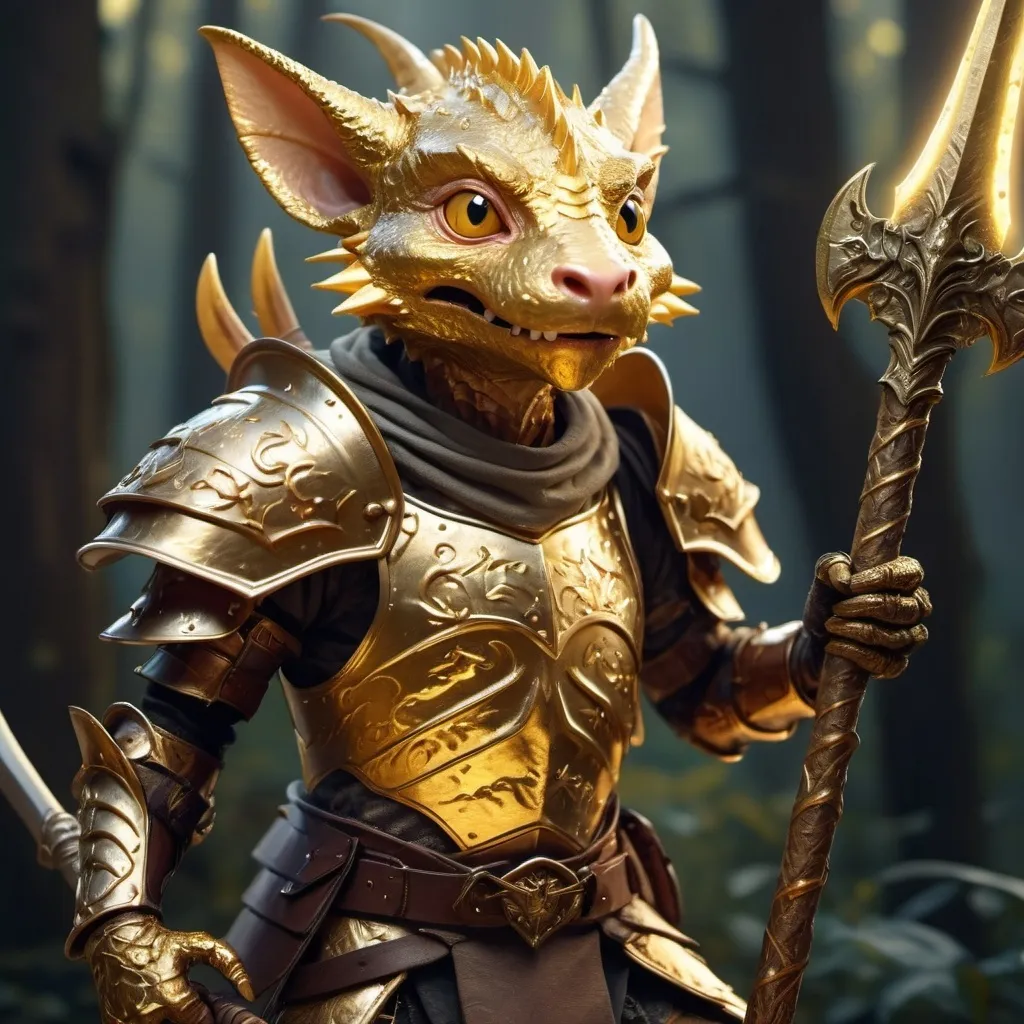 Prompt: An adult golden Kobold with a halberd wearing leather armor