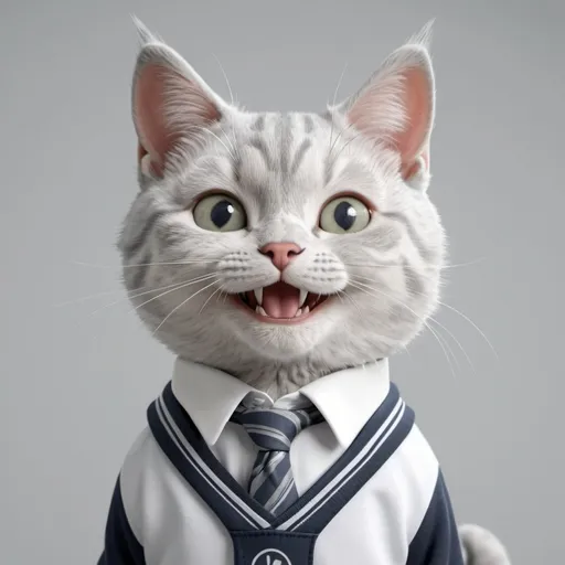 Prompt: 4k realistic gray white cat with a happy face and wearing school clothes