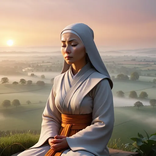 Prompt: Buddhist nun meditation over looking the Somerset levels at dawn with rising mists of avalon, high quality, unreal engine