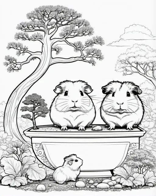 Prompt: (black and white) coloring page, line drawing of a (cute guinea pigs, bonsai tree), simplistic style, imaginative fantasy elements surrounding the guinea pig, emphasizing outlines, whimsical details, no solid fills or shadows, designed for coloring, fresh, playful ambiance, HD quality, ideal for a delightful and creative experience.