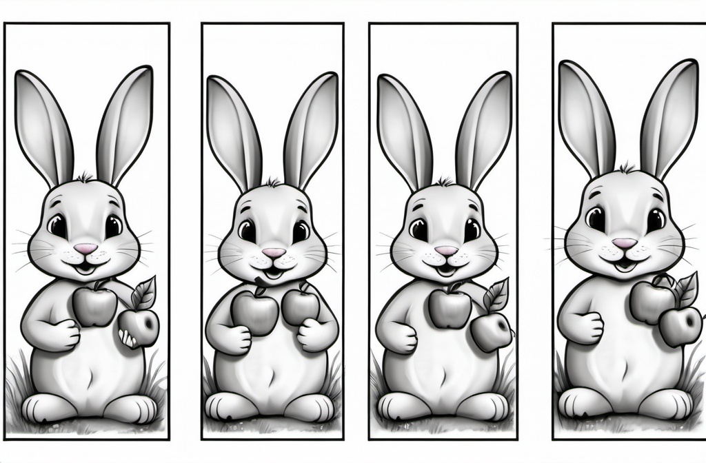 Prompt: set of 4 bookmerks illiustrated with happy little rabit and apples, for kids, black and white, no background, no text, large details, suitable for kids, 