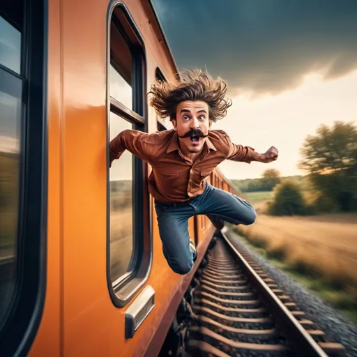 Prompt: A guy with a very big mustache jumbing from the window of a moving train