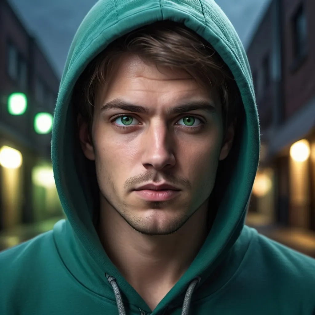 Prompt: create a life like man with brown hair and green eyes with some facial hair wearing a blue hoodie pulling the hoodie over his head