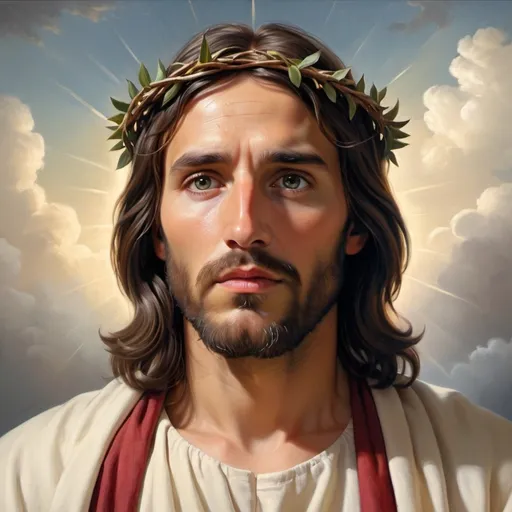 Prompt: Jesus Christ with thorn wreath, heavenly clouds, earth below, religious, traditional oil painting, divine atmosphere, detailed facial features, high quality, oil painting, traditional, divine lighting, serene earth view, heavenly, religious art, detailed eyes, divine presence, majestic, atmospheric lighting