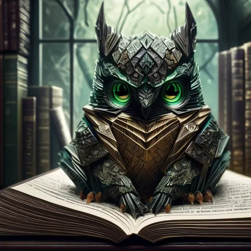 Prompt: origami owl glowing green eyes, black and brown feathers and eating a mouse. library. 