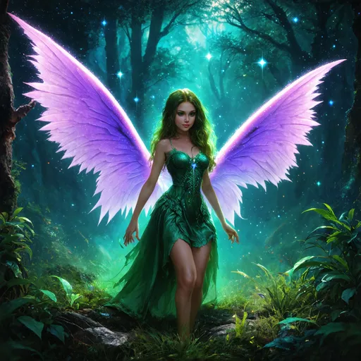 Prompt:  Crisp mystical legendary huge wings sparkle deep magical green fairy in the deep night at dark mystical night,