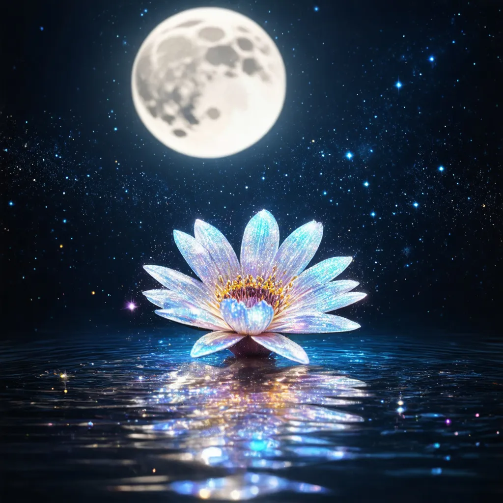 Prompt: beautiful transparent magic argentum flower made of glow and moonlight and stardust floating in the lake on the water, moon, starry night, pointilism