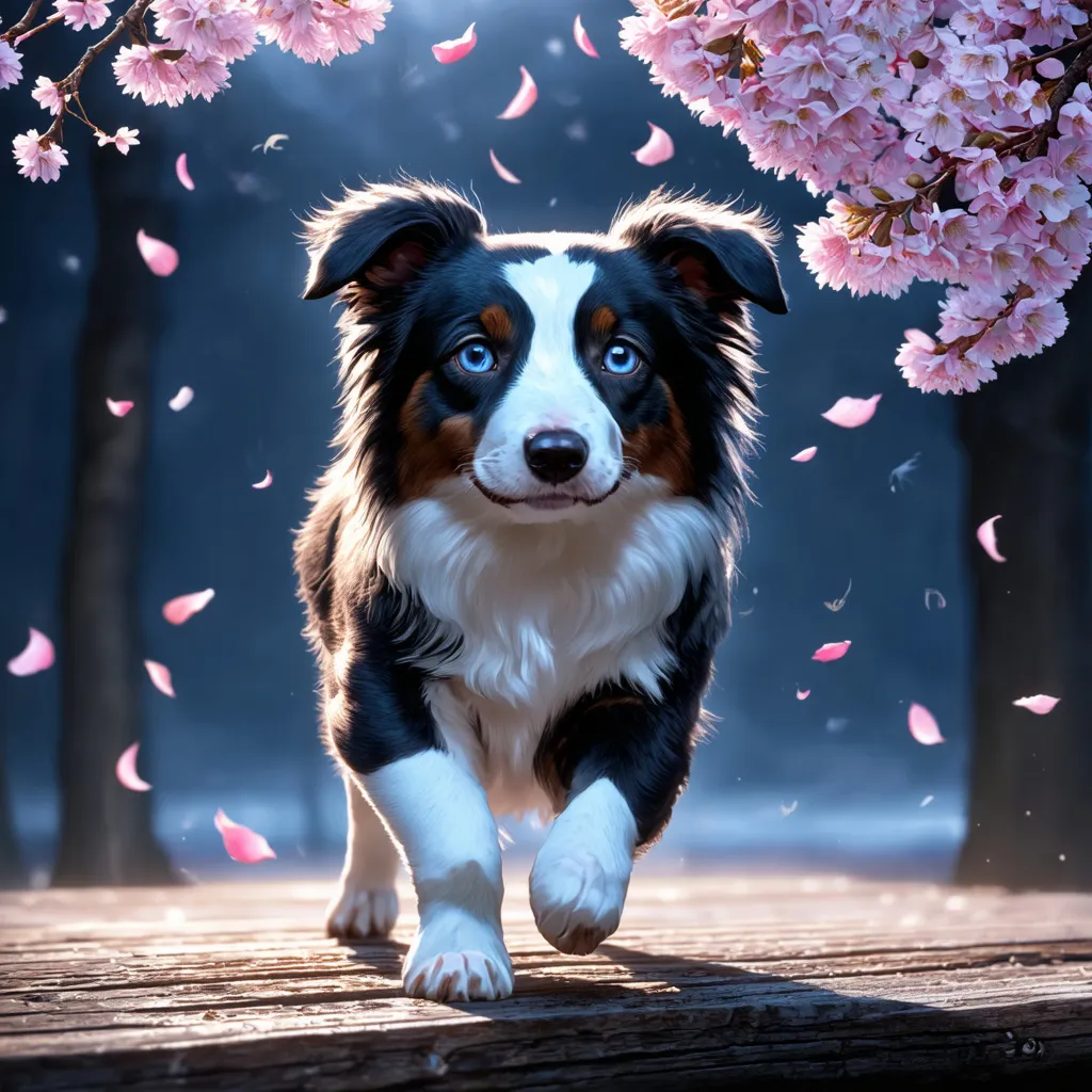 Prompt: A hyper-realistic digital artwork of an adorable cute border collie walking gracefully, looking directly at the viewer with big and blue, expressive eyes. The fur of the border collie is slightly dense and textured, with each hair finely detailed and shimmering with tiny sparks under a dimly lit night sky. Sakura petals gently fall around it, adding to the magical, serene atmosphere. The scene is set on a rough textured surface that resembles the wood. The color palette is dominated by shades of pink and grey, emphasizing a chilly, enchanting ambiance