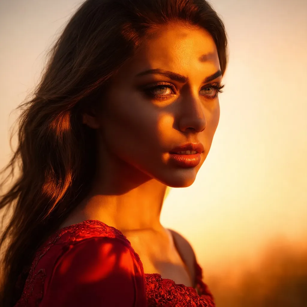 Prompt: Hyperrealistic portrait of a beautiful woman wearing detailed red clothing with a background of a sunset in varying shades of red