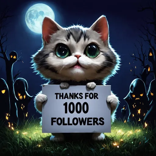 Prompt: the cat holding a sign with the text: "Thanks for 1000 Followers ", creepy but cute illustration"