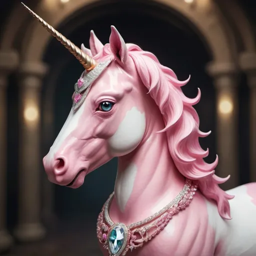 Prompt: pink and white unicorn, wearing a diamond-necklace, in the Myhtical Realms