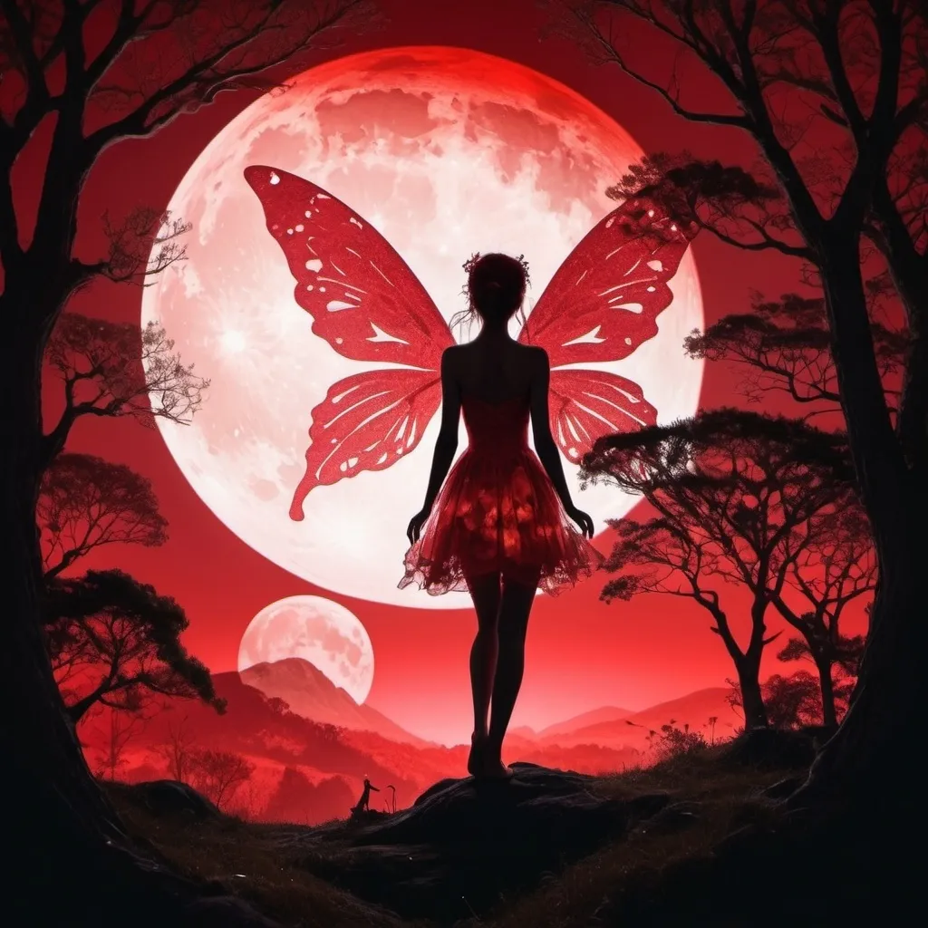 Prompt: full red, double exposure : detailed fairy silhouette  moonlit landscape