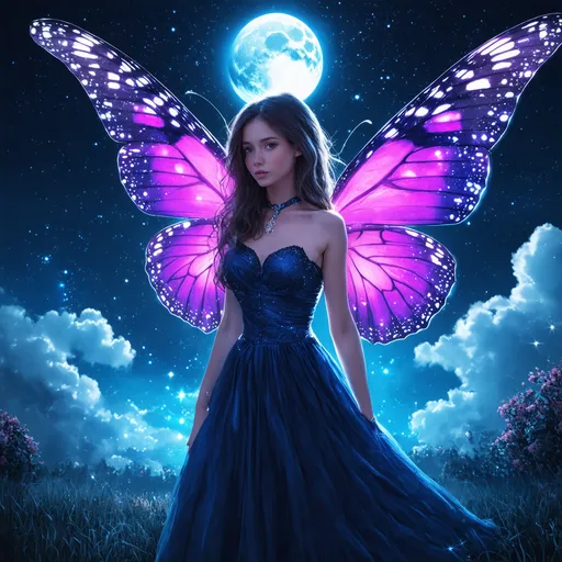 Prompt:  Crisp mystical legendary huge wings sparkle deep magical colorfull butterfly girl in the deep night at dark mystical night,