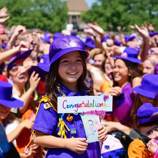 Prompt: A cute child scout wearing a purple hat and holding a “Congratulations” sign, surrounded by people wearing vibrant purple hats and holding similar signs, cheerful atmosphere, loud, joyful outdoor atmosphere