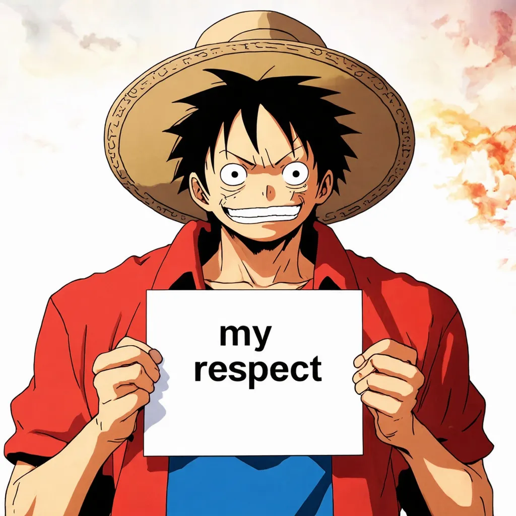 Prompt: Monkey D Luffy holding a sign with the word  “my respect” written on it,

